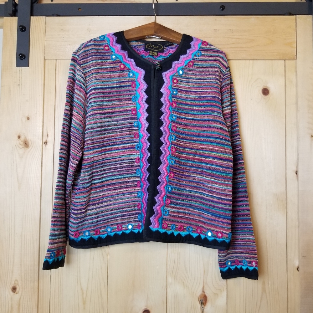 Alex Kim Textured Multi Color Stripe Embellished Toggle Closure Jacket